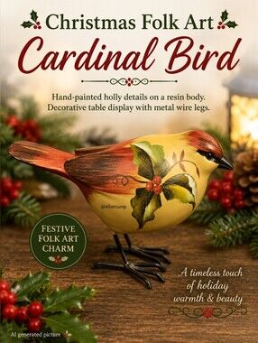 Christmas Folk Art Painted Cardinal Resin with Wire or Resin Legs 7"